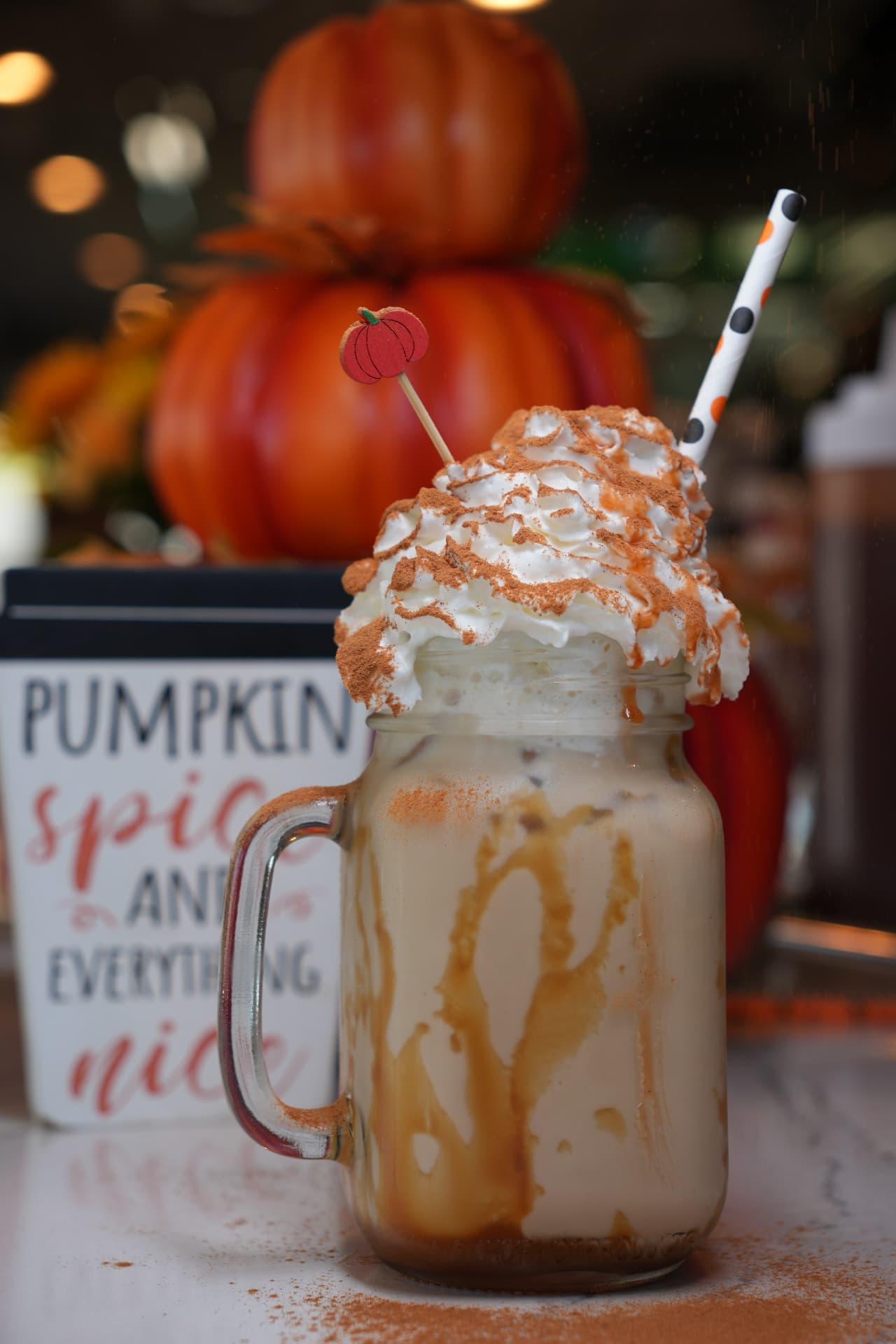 Pumpkin spice shake topped with whipped cream and cinnamon