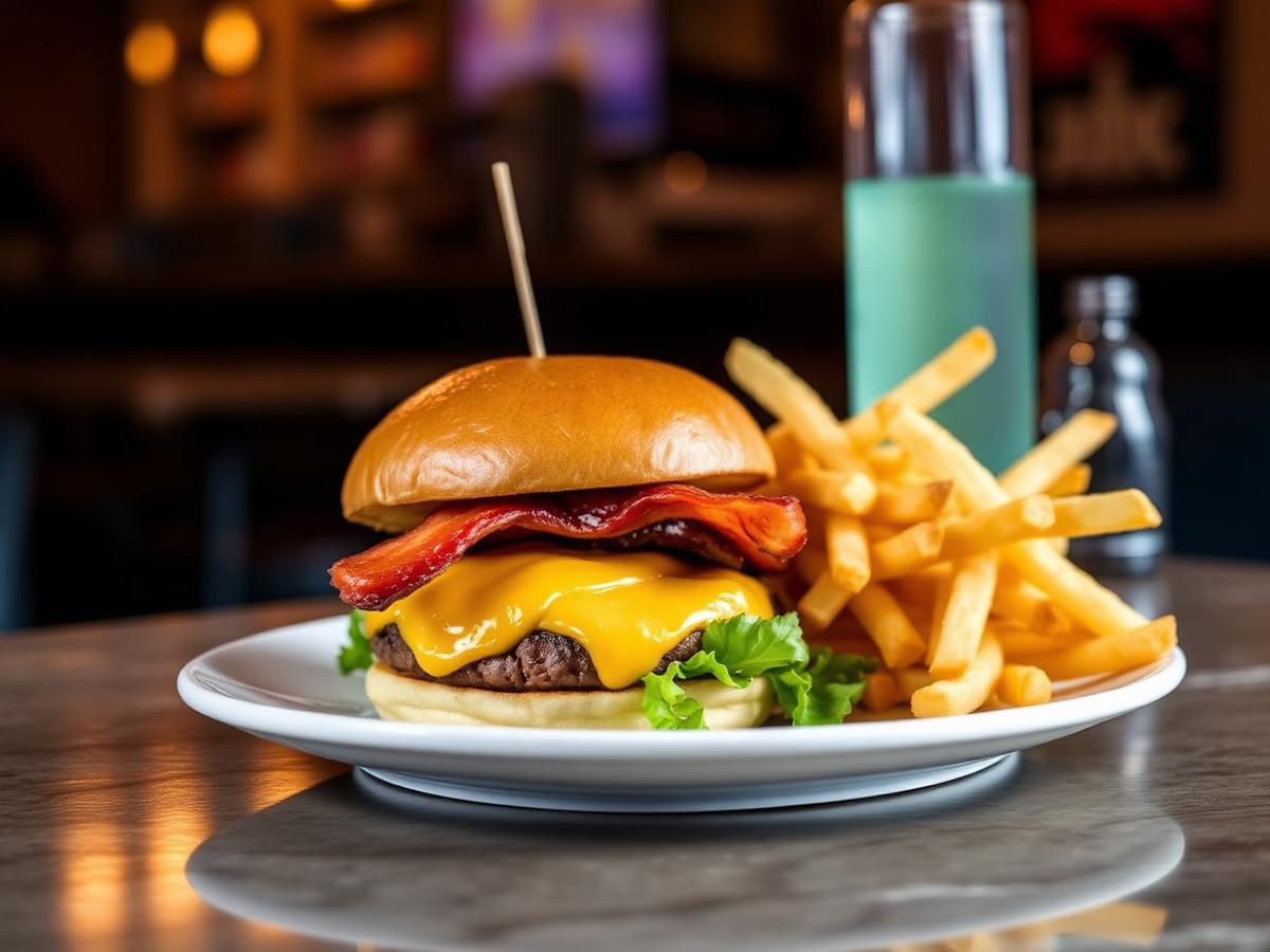 Chef-crafted bacon cheeseburger with fries
