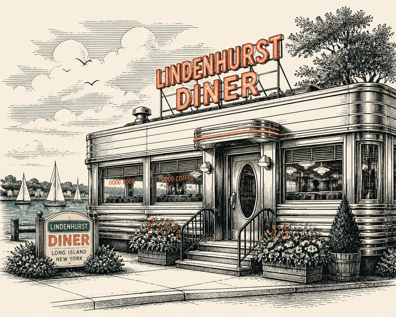 Hand-drawn illustration of the Lindenhurst Diner storefront